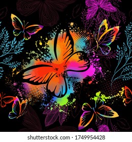 Flying butterflies in watercolor. Seamless background. Mixed media. Vector illustration