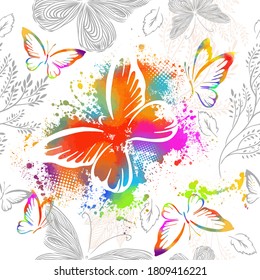 Flying butterflies in watercolor. Seamless background. Mixed media. Vector illustration