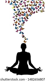 A lot of flying butterflies. Yoga silhouette. vector illustration