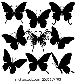 Flying butterfly, black silhouette, isolated on white background.