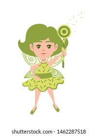 Flying butterfly fairy with circle shape magic wand and wearing green clothes cartoon character design flat vector illustration.