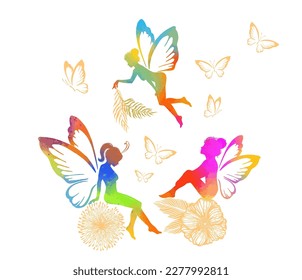 Flying butterfly fairy vector illustration. Mixed media.