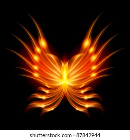 Flying butterfly with fiery wings. Abstract Illustration on black background
