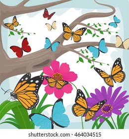 Flying butterfly with flowers and tree background