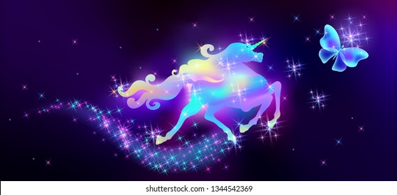 Flying butterfly and galloping iridescent unicorn with luxurious winding mane against the background of the fantasy universe with sparkling stars 