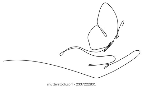 Flying butterfly in hand continuous one line drawn. Vector illustration isolated on white.