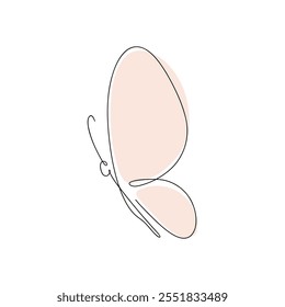 A flying butterfly hand-drawn in one continuous line, isolated on a white background, dudul, vector. Graphic illustration of a contour with a colored spot in the background. Decorative abstract 