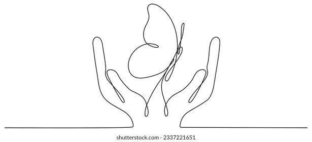 Flying butterfly in hands continuous one line drawn. Vector illustration isolated on white.