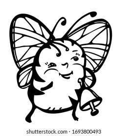 A flying butterfly holds a bell and smiles. Black and white vector illustration. Hand drawn. Isolated on a white background.