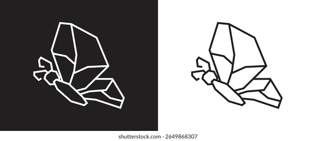 Flying Butterfly Icon in Black Line Art and White Line Art Cutout Style