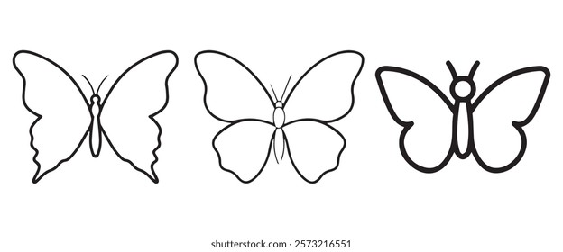 Flying butterfly icon set. black outline vector set. Various butterflies black shapes set. Design element for print, icon, tattoo. fireflies and butterflies icons isolated on white background.