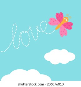 Flying butterfly insect. Dash word Love in the sky. Card Flat design. Vector illustration