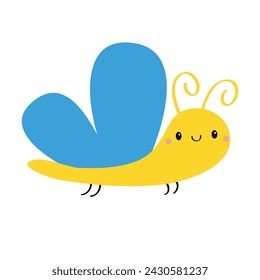 Flying butterfly insect icon. Cartoon kawaii funny animal character. Cute bug. Yellow blue color. Smiling face. Baby kids collection. Flat design. Isolated. White background. Vector illustration