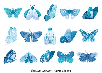 Flying butterfly. Isolated blue butterflies, magic moth. Abstract artistic insects, bright spring summer symbols. Decorative swanky vector collection