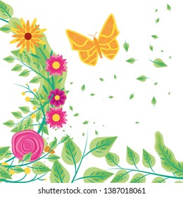 flying butterfly with leafs and flowers