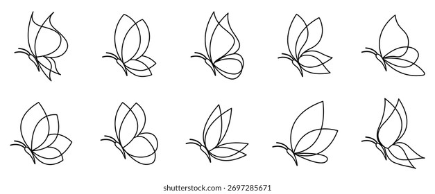 Flying butterfly line icon. Butterfly vector icon set. Simple icon collection of butterflies, isolated on transparent background. Editable stroke.