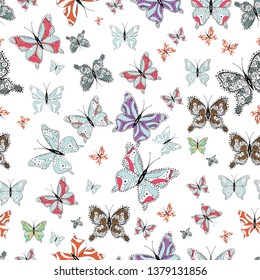Flying butterfly linen theme Vector. Simple feminine pattern for invitation, card. Repeating insect fabric clipart for garments. Contrast seamless butterfly cloth template on black, white and neutral.