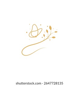flying butterfly logo with plants in gold luxury design style