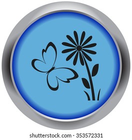 Flying butterfly and may flower icon on colorful metallic round background
