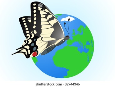 Flying butterfly on a globe