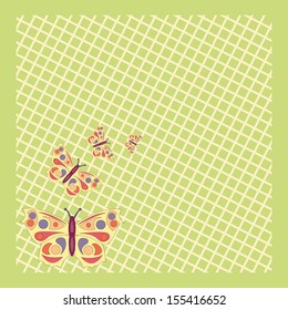 flying butterfly on a green background with a yellow grid