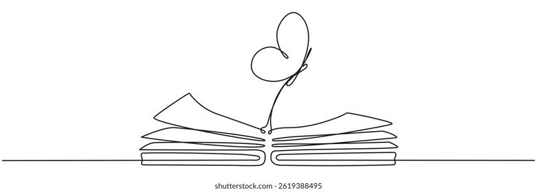 Flying butterfly with open book continuous one line drawn. Magic story concept. Vector illustration isolated on white.