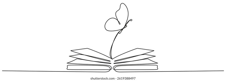 Flying butterfly with open book continuous one line drawn. Magic story concept. Vector illustration isolated on white.