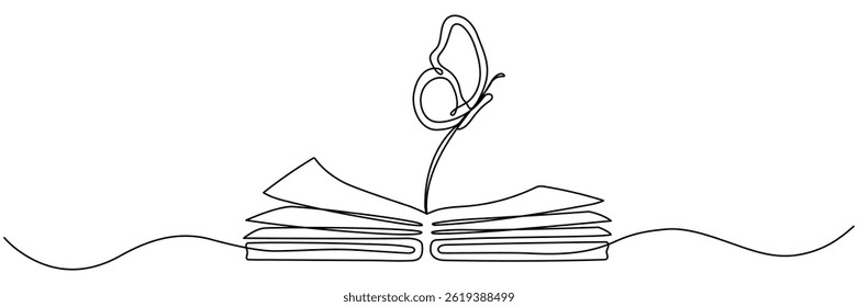 Flying butterfly with open book continuous one line drawn. Magic story concept. Vector illustration isolated on white.
