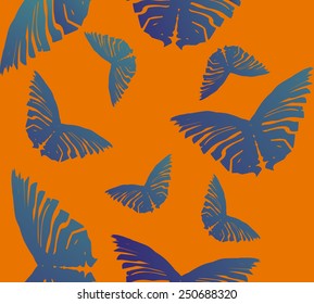 Flying Butterfly Seamless hand-drawn pattern on orange background. Vector illustration. Cloth design. Can be used for wallpaper, pattern fills, web page background and surface textures. 