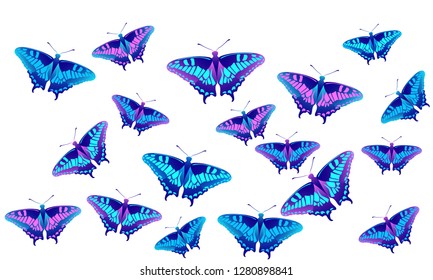 Flying butterfly silhouette kite background on white. Season summer butterfly hover theme vector in pink, violet, red, blue and purple colors. Insect soar frame border backdrop for invitation.