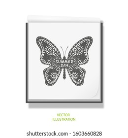 Flying butterfly silhouette .Butterfly pattern .Lettering Summer Day .Open notebook for drawing .White sketchbook .Rest, vacation Vector illustration .