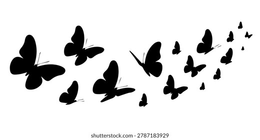 Flying Butterfly Silhouette Swarm Vector, Dynamic Trail of Black Butterflies for Nature and Spring Wall Decal Design, Black butterflies flying in a scattered pattern butterfly, flying flock, insect on