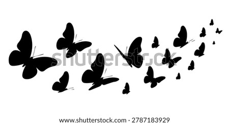 Flying Butterfly Silhouette Swarm Vector, Dynamic Trail of Black Butterflies for Nature and Spring Wall Decal Design, Black butterflies flying in a scattered pattern butterfly, flying flock, insect on