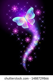Flying butterfly with sparkle and blazing trail and glowing stars