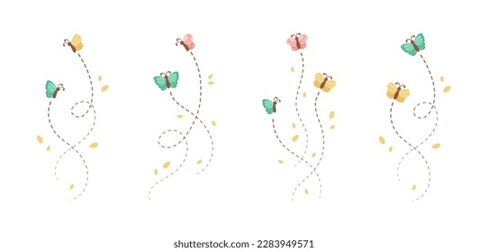 Flying Butterfly trail with dashed line route set. Nature Spring Summer Doodle Illustration Design Element