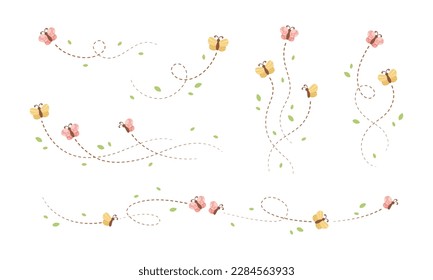 Flying Butterfly trail with dashed line route set. Nature Spring Summer Doodle Illustration Design Element
