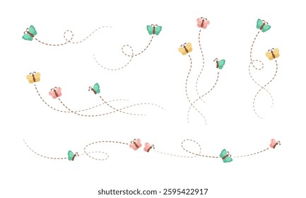 Flying Butterfly trail with dashed line route set. Nature Spring Summer Doodle Illustration Design Element