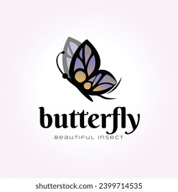 flying butterfly vintage logo blue color, elegant insect illustration vector icon