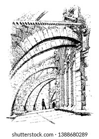 Flying Buttresses  of Notre Dame, Paris, France, arc-boutant, arched structure, upper portion of a wall, a pier of great mass, vintage line drawing or engraving illustration.