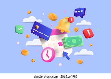 Flying calendar, checkbook, with coins, clock and credit card on blue isolated background symbolizing quick loan. Fast money concept. 3d vector illustration svg