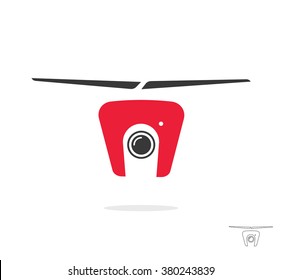Flying camera drone vector illustration in flat simple style, robotics aircraft modern technology symbol, black icon, logo sign design isolated on white background, outline linear style included.
