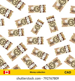 Flying Canadian dollar banknotes. Money rain. Falling Canadian dollar