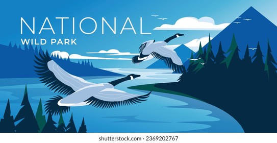 Flying Canadian Geese over forest mountains. Lake landscape with calm water. Blue and green. National wildlife park, tourism and travel advertising. Vector illustration