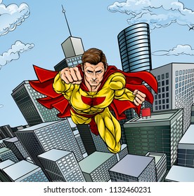 Flying caped super hero over a city background