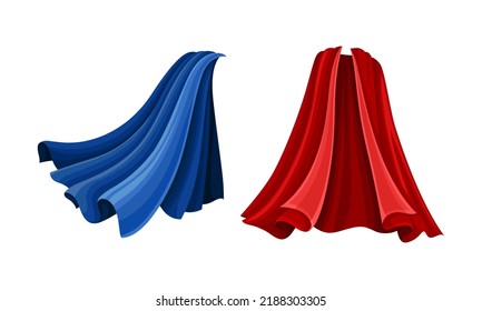 Flying capes set. Red and blue carnival cloak, costume of superhero cartoon vector illustration