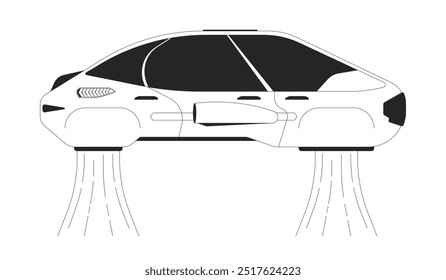 Carro voador sem motorista preto e branco objeto de linha 2D. Transporte futurista. Futurismo veículo autônomo isolado clip art vetor item de contorno. Transporte futuro. Ilustração de ponto monocromático