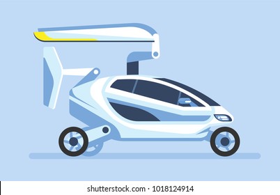 Flying car with folded wings. Autonomous driverless car. Futuristic intelligent vehicle. Automotive technology. Vector illustration