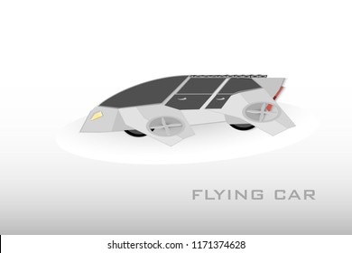 Flying Car. Futuristic Electric Car. Cartoon Style. Flat. Vector. Flying Unmanned Car. Futuristic Concept. Drone. Futuristic Technology.
