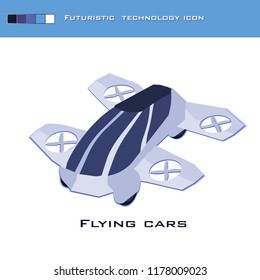 Flying Car. Futuristic Electric Car. Cartoon Style. Flat. Vector. Flying Unmanned Car. Futuristic Concept. Drone. Futuristic Technology.
