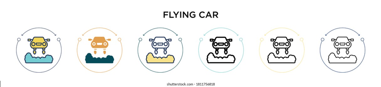 Flying car icon in filled, thin line, outline and stroke style. Vector illustration of two colored and black flying car vector icons designs can be used for mobile, ui, web